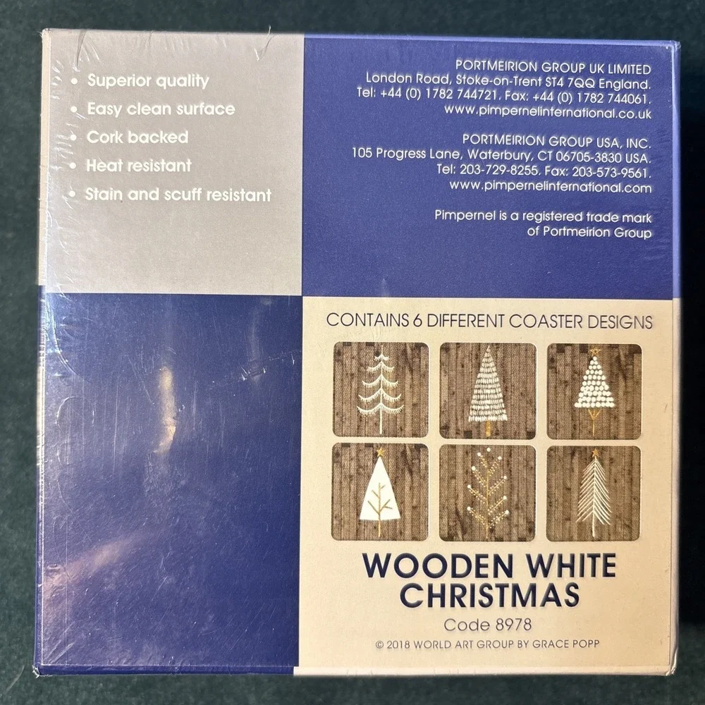 Pimpernel Coasters WOODEN WHITE CHRISTMAS Set OF 6 Cork-backed Board NIB
